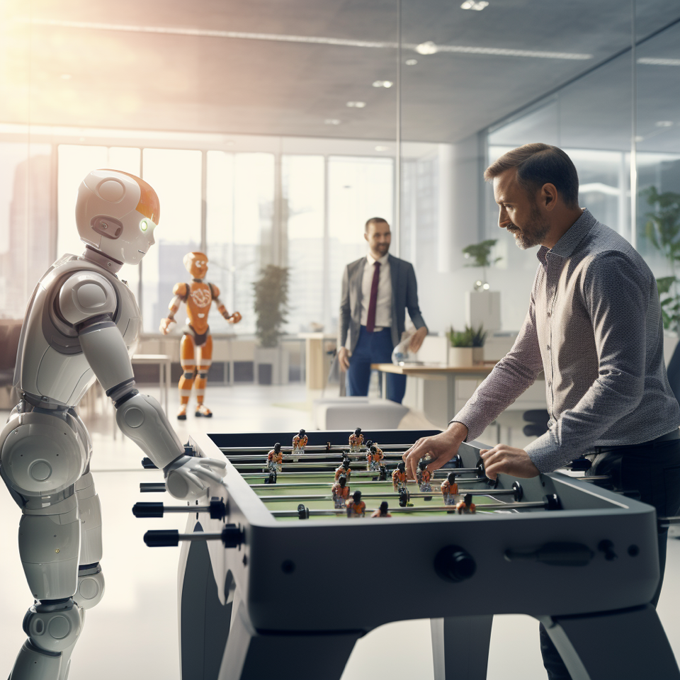 Durch KI generiertes Bild bei dem ein Mensch mit einem Roboter Tischfußball spielt.